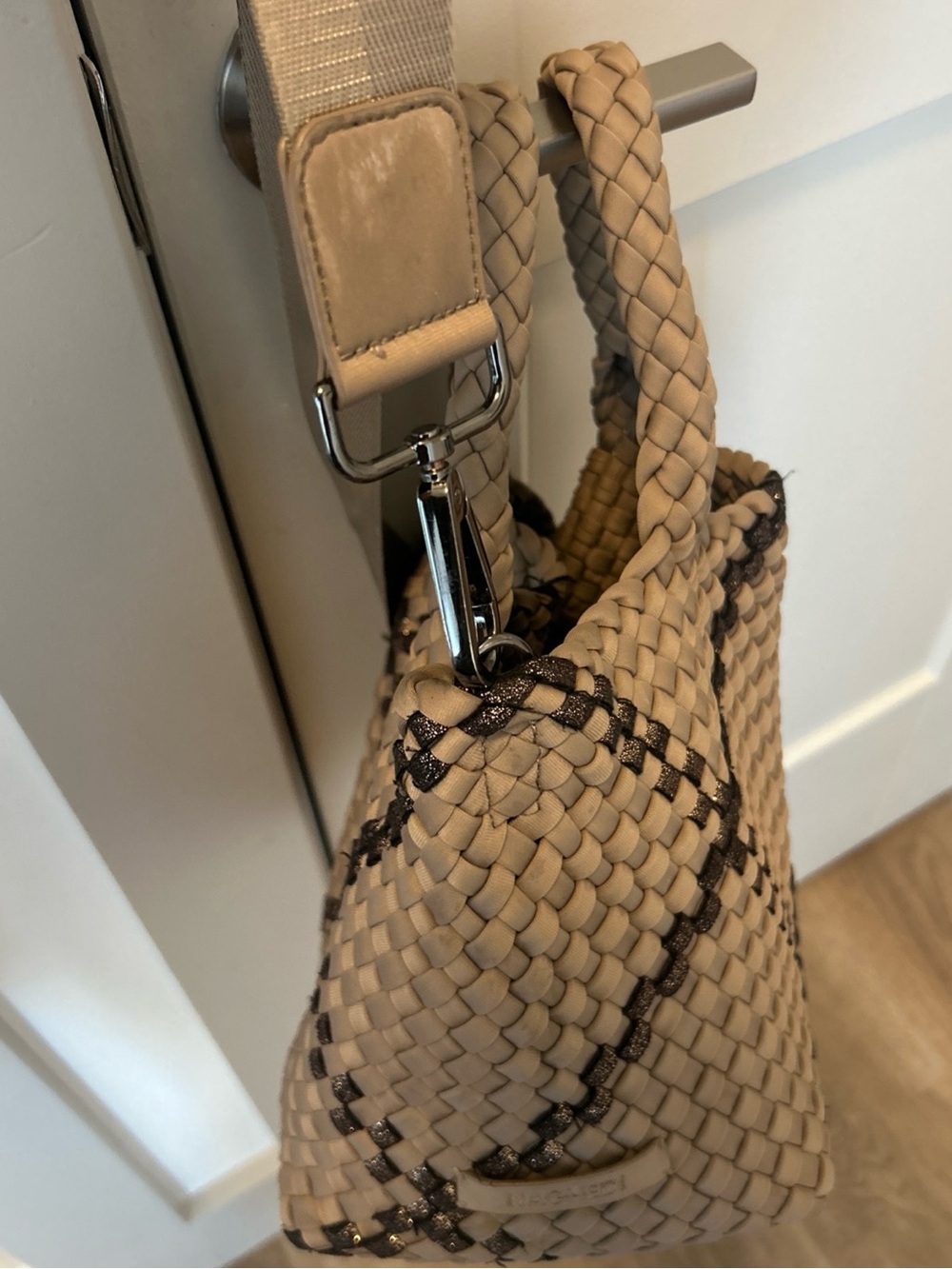 Naghedi Taupe Braided Shoulder Bag with Black Accents